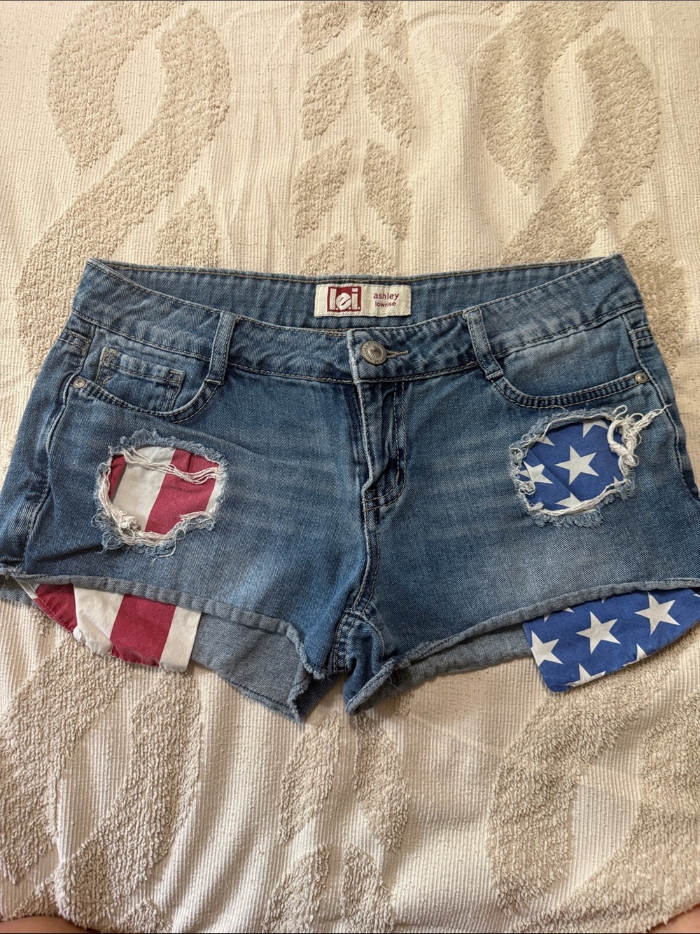 lei Denim Shorts with Red, White & Blue Flag Patch Detail